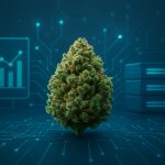 A close-up of a cannabis flower against a tech-themed background with circuit patterns.
